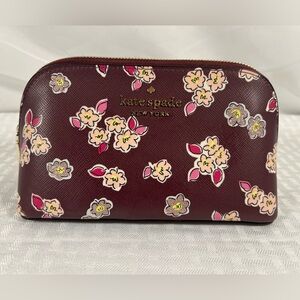 7522: Kate Spade Floral Cosmetic Pouch Burgundy Saffiano Zip Case